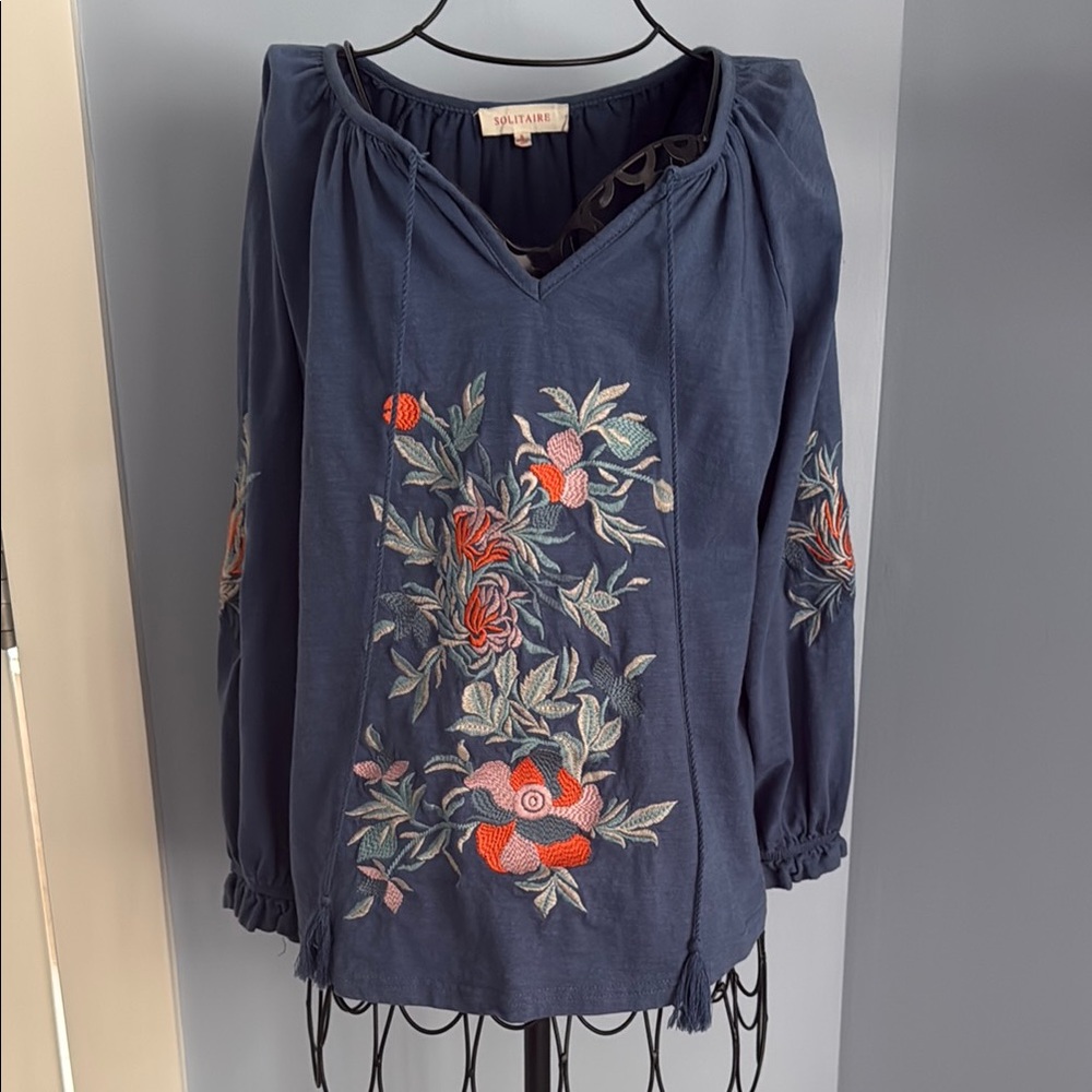 Solitaire Navy Floral Embroidered Blouse